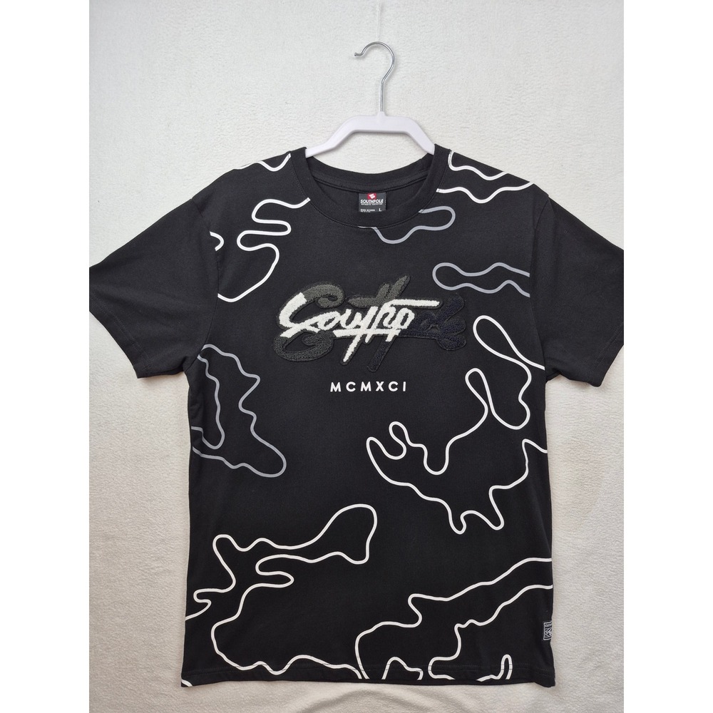 Southpole Mens Large Black Graphic Camo Print T Shirt Embroidered Logo Tee Y2K